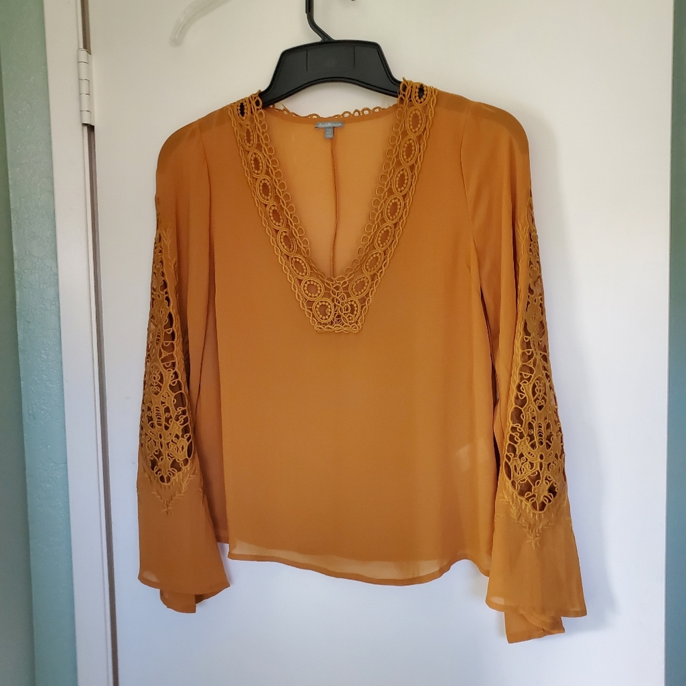 Charlotte Russe Woman's Sheer Lace Inset Bell Long Sleeve Blouse XS Dark Mustard